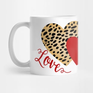 Red and Cheetah Pattern Hearts with Love Text Mug